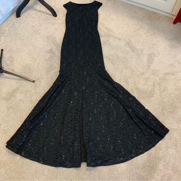 BLACK lace sequin mermaid open back sleeveless Long gown evening dress formal M - Picture 6 of 12